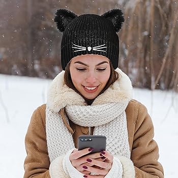 Women's Cat Beanie Crochet Hats with Ears Knitted Black Cat